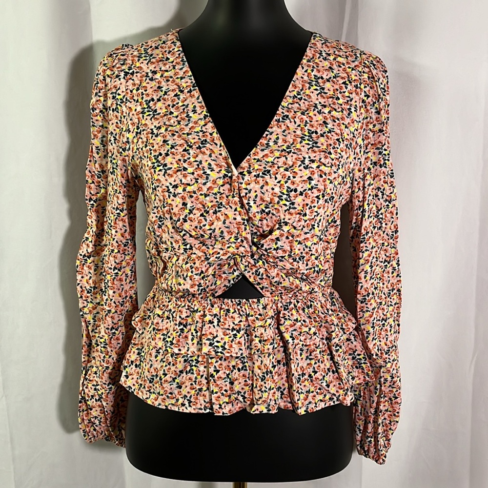 Sadie & Sage Pink Multicolor Floral Print V-Neck Twist Front Peplum Hem Blouse
